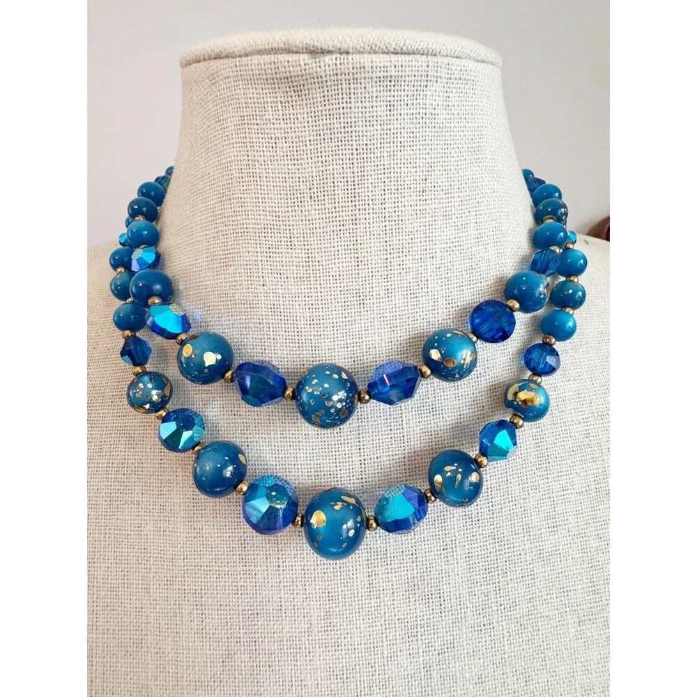 Vintage MCM Peacock Blue Iridescent Two Strand Beaded Necklace Glass Gold Fleck
